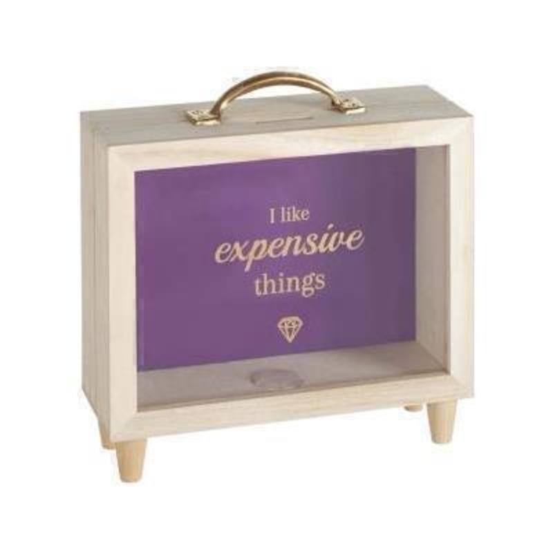 This moneybox comes with a very unique morado suitcase style to it complete with a gold text finish quoting I like expensive things designed by Transomnia